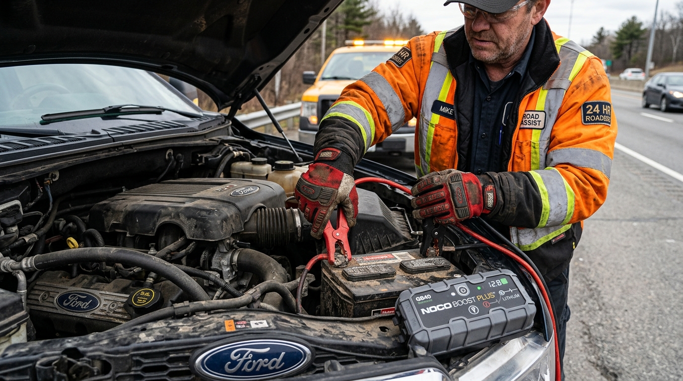 Mobile roadside technician using industrial NOCO booster pack to jump start pickup truck battery on Louisville highway shoulder