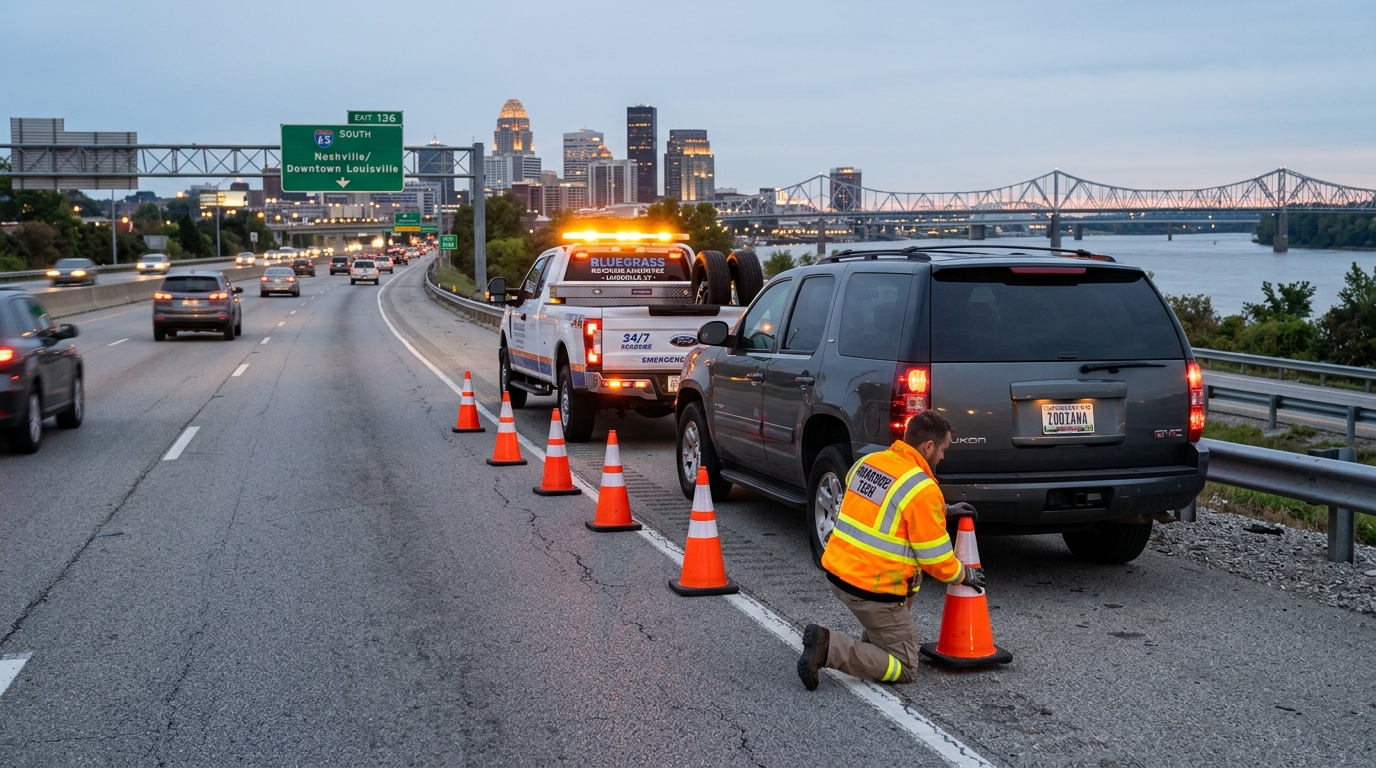 Louisville Roadside Assistance patrol unit with amber emergency lights on Interstate 65 shoulder near downtown Louisville skyline and Ohio River bridge